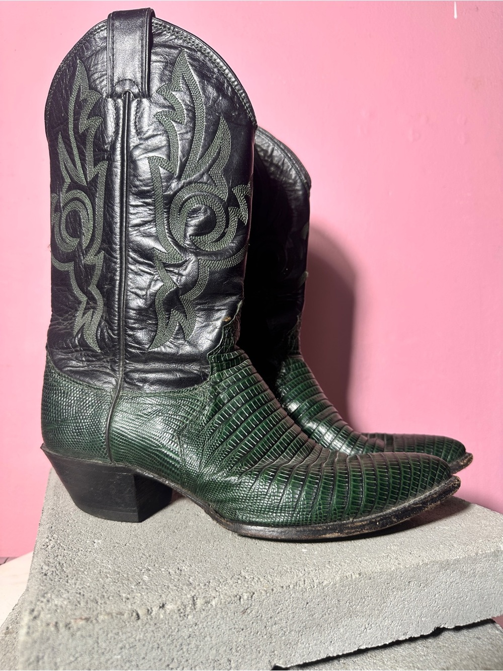 Justin Boots Green Exotic Leather & Black Embroidered Western Boots